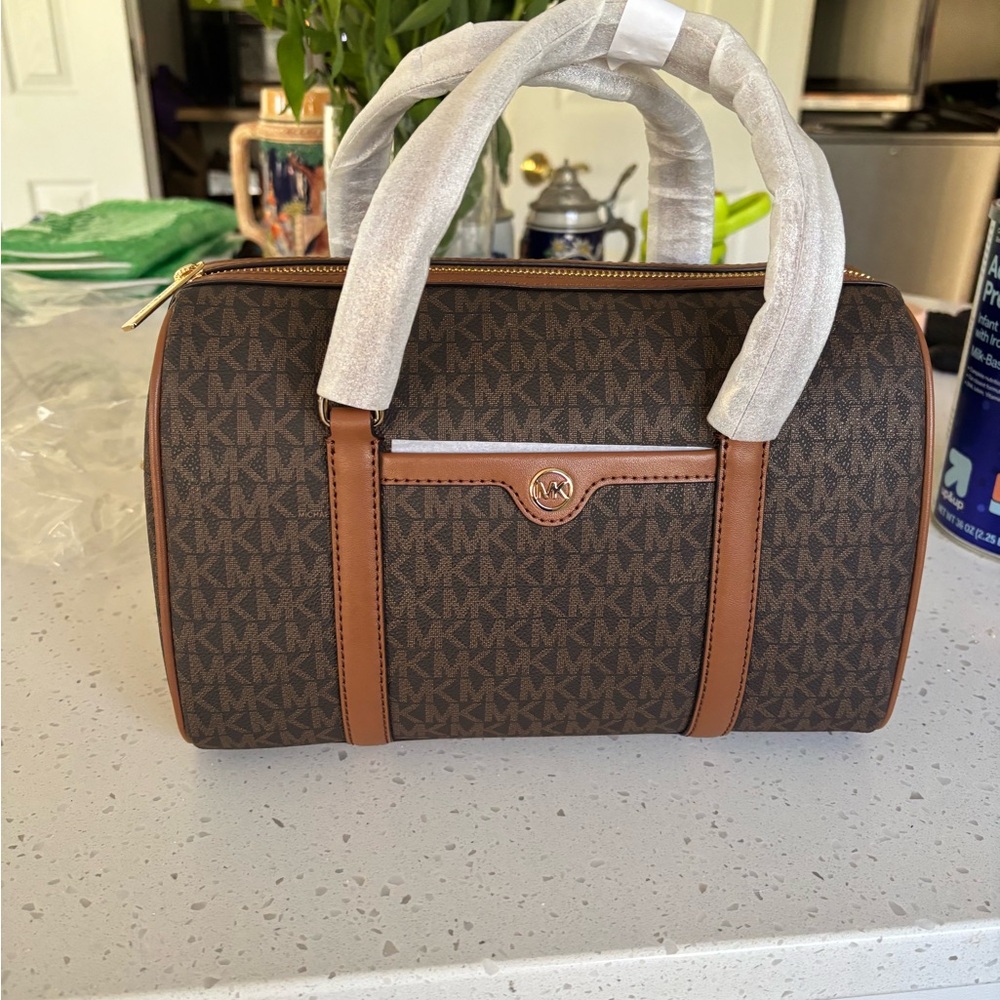 Michael Kors Dark Brown and Tan Monogram Crossbody Bag